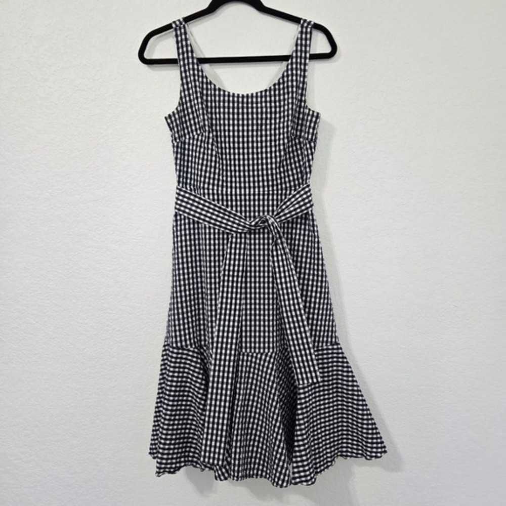 J.Crew Navy White Gingham Check Ruffle Hem Midi Dress Belted‎ G1584 Womens 2